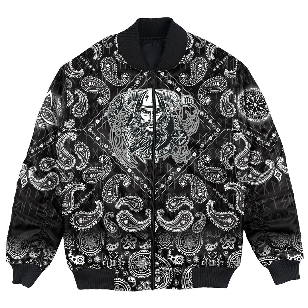 Viking Bomber Jacket Vikings Head In Horned Helmet with Bandana Paisley Style RLT12 - Wonder Print Shop