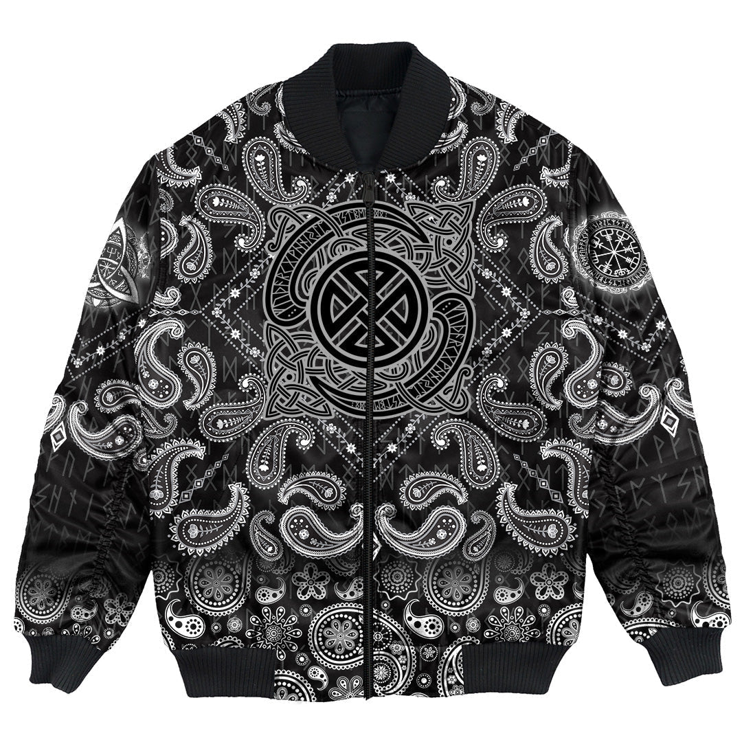 Viking Bomber Jacket Vintage Pattern and Norse Runes with Bandana Paisley Style RLT12 - Wonder Print Shop