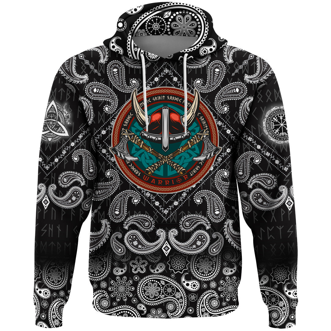 Viking Hoodie Vintage Round Print With Horned Helmet with Bandana Paisley Style RLT12 - Wonder Print Shop