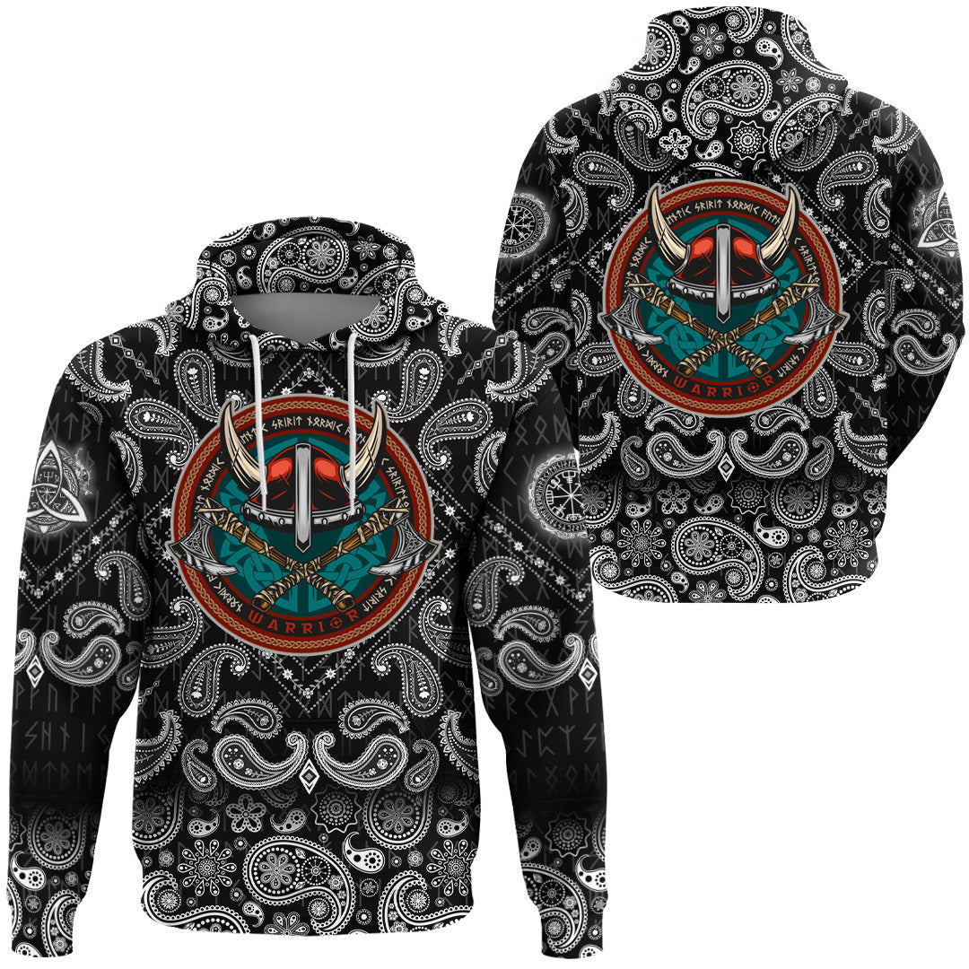 Viking Hoodie Vintage Round Print With Horned Helmet with Bandana Paisley Style RLT12 - Wonder Print Shop