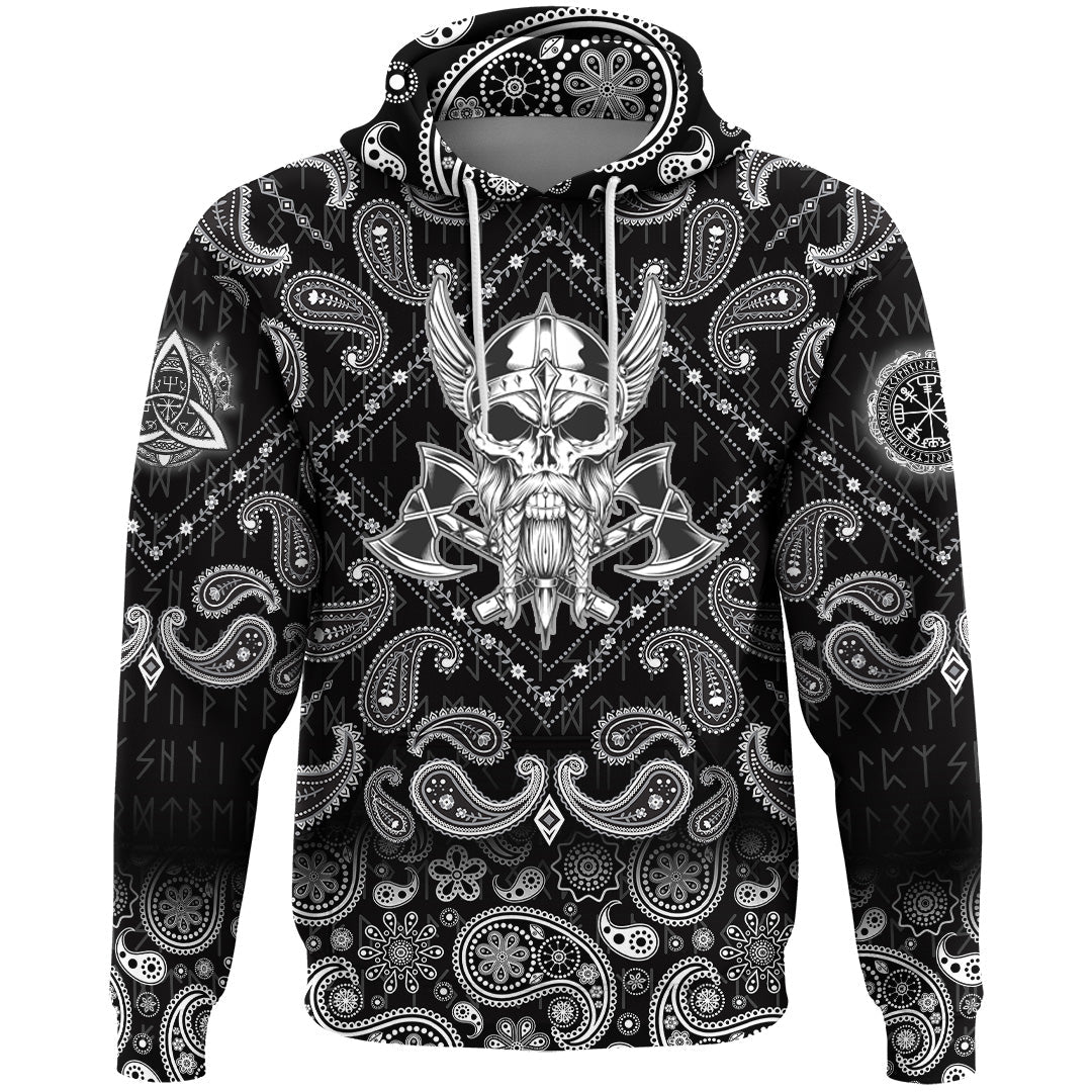 Viking Hoodie Vintage Skull and Axe Wing Monochrome with Bandana Paisley Style RLT12 - Wonder Print Shop