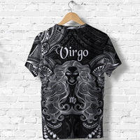 Black T-shirt, Virgo name above detailed white woman illustration with swirling Polynesian motifs