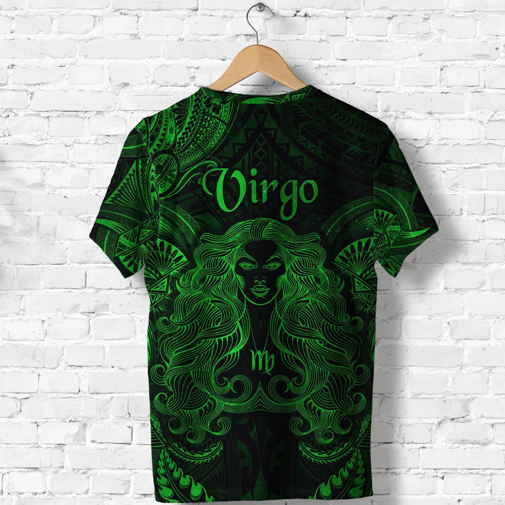 Green and black Virgo zodiac T-shirt with Polynesian pattern and Virgo face back design