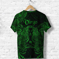 Green and black Virgo zodiac T-shirt with Polynesian pattern and Virgo face back design
