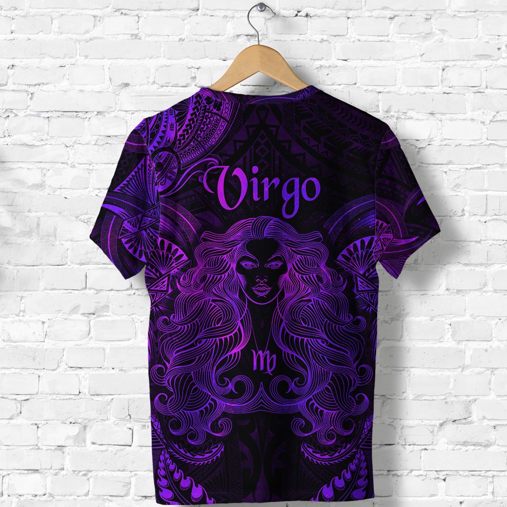 Purple Virgo T-shirt with 'Virgo' lettering and swirling Polynesian patterns across front and sleeves