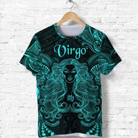 Turquoise Virgo zodiac T-shirt with Polynesian style lion-like woman graphic, front