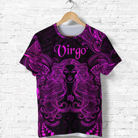 Virgo zodiac T-shirt with purple/pink lion face graphic on black