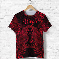 Virgo zodiac polynesian T-shirt, red-on-black front graphic of woman and name