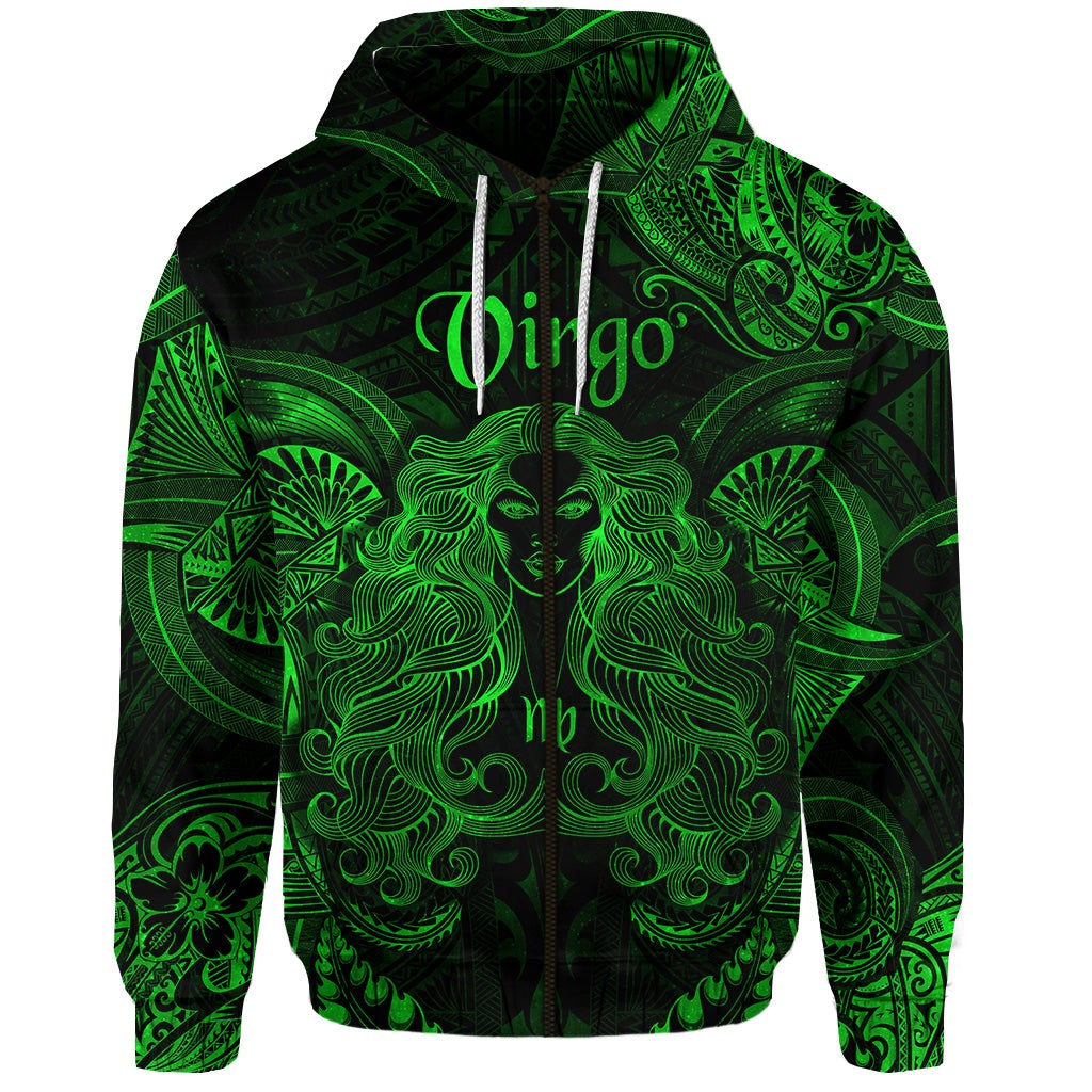 Custom Virgo Zodiac Polynesian Zip Hoodie Unique Style Green LT8 - Wonder Print Shop
