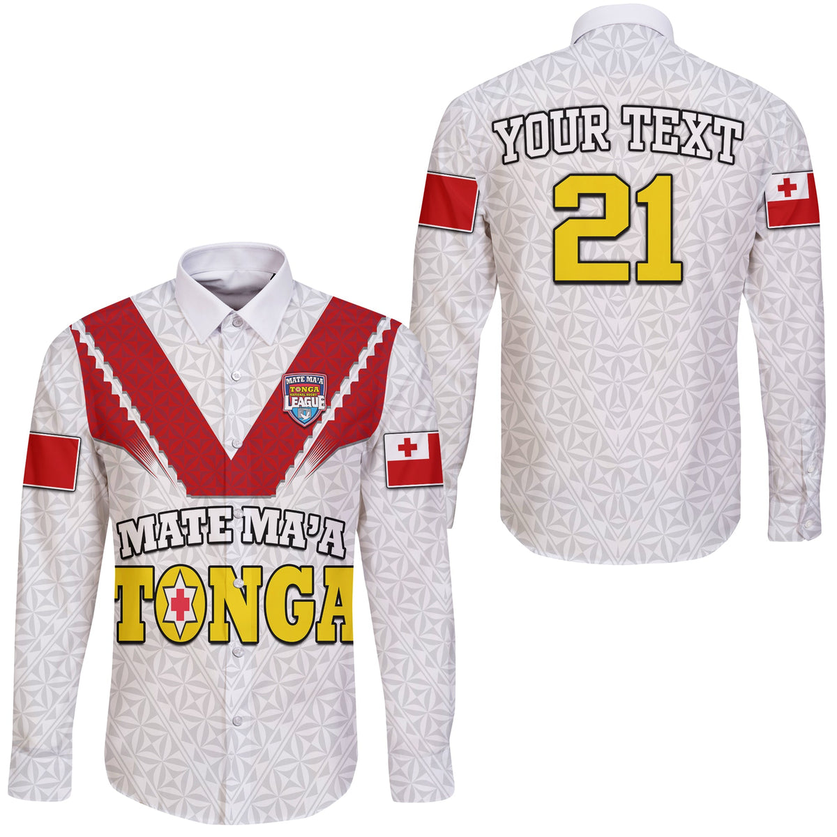 Custom Personalised Mate Ma'a Tonga Rugby Hawaii Long Sleeve Button Shirt Tongan Kupesi White Style - Wonder Print Shop