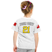 Kids white rugby T-shirt back with 'YOUR TEXT 21' print and red sleeve patches