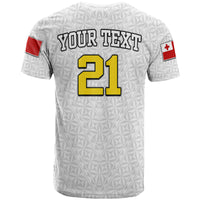 White rugby T-shirt back with 'YOUR TEXT 21' print, red sleeve patches