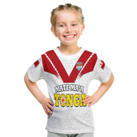 Kids rugby T-shirt, white with red V yoke and Tongan chest graphic, short sleeves