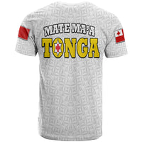 Rugby T-shirt, white with geometric pattern and bold back Tongan logo, short sleeves