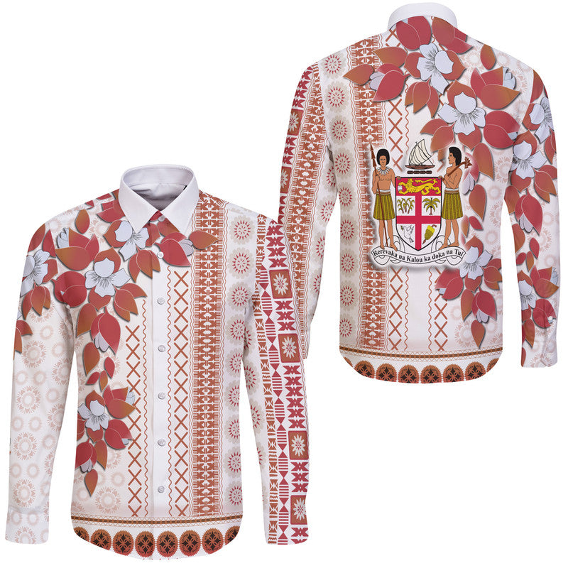 Fiji Hawaii Long Sleeve Button Shirt Tagimoucia Mixed White Tapa Style - Wonder Print Shop