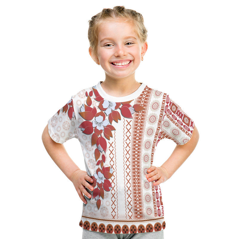 White tapa-style T-shirt with red floral panels and geometric vertical bands, short sleeves