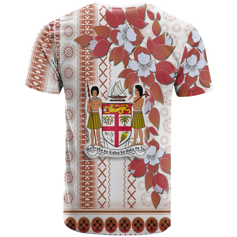 White tapa-style T-shirt, back print with central island scene and red floral, short sleeves