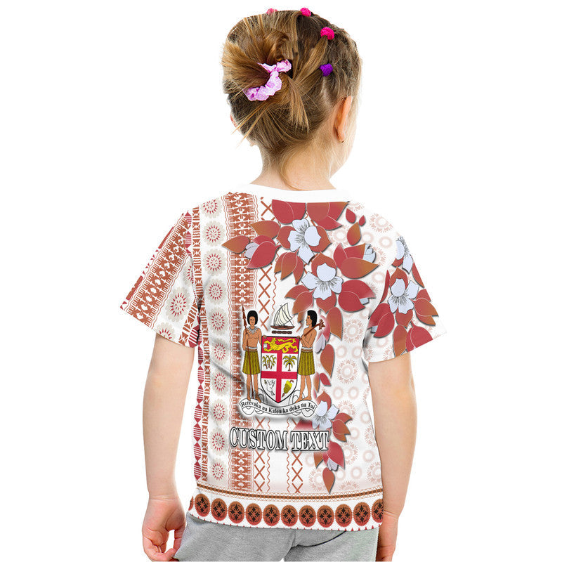 Kids Fiji T-shirt back with floral tapa print, crest and “CUSTOM TEXT”