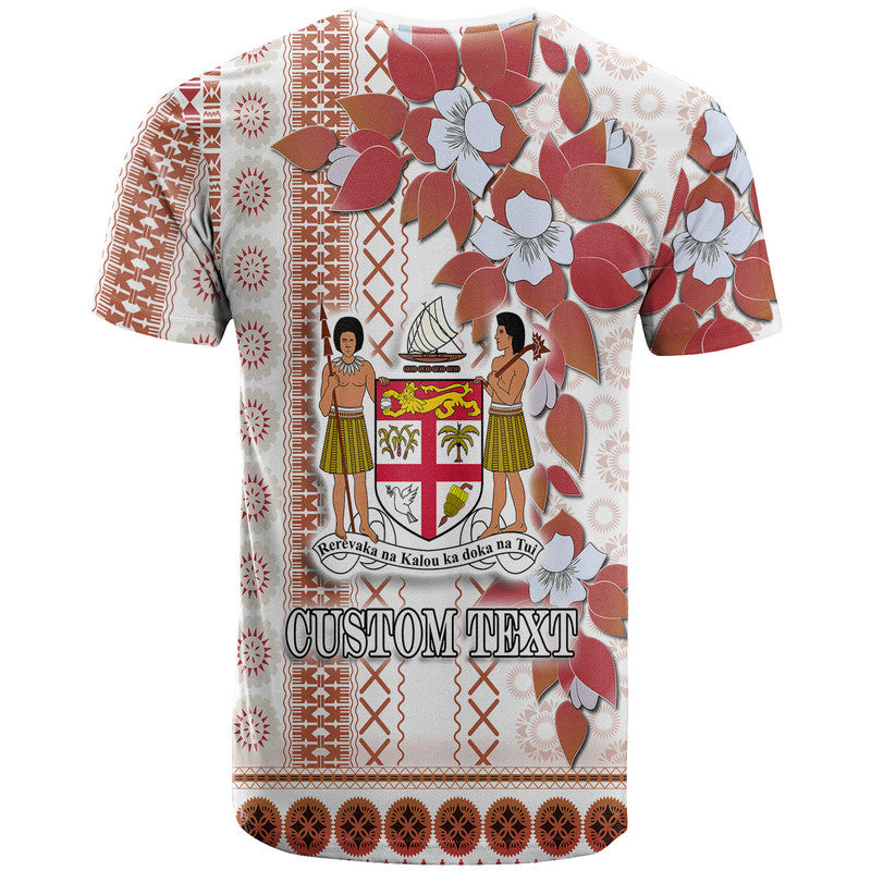Fiji T-shirt back with floral tapa print, crest graphic and “CUSTOM TEXT”