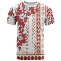 Fiji T-shirt with red and white floral tapa pattern front, rounded neckline