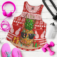 Red racerback tank top with tropical pineapple and holiday Christmas graphic print
