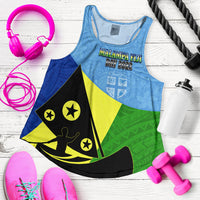 Racerback women’s tank with blue base and multicolor geometric tropical graphic