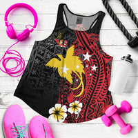 Women's black racerback tank top with red, yellow, and tribal graphic front