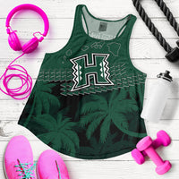 Women's dark green racerback tank with large Hawaii-style graphic and palm print