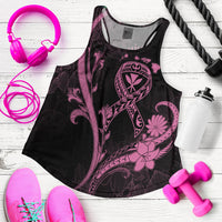Black women’s racerback tank with pink floral heart graphic, sleeveless athletic fit