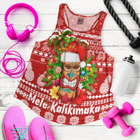Red women's racerback tank top with festive tiki print and snowflake pattern