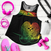 Black racerback women’s tank top with multicolor tribal bird and PNK logo print