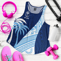 Blue racerback rugby tank with palm graphic and geometric print, sleeveless