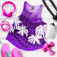 Violet racerback tank top with Fiji Day graphic, tropical palm print and curved hem