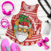 Red women’s racerback tank top with tropical Santa graphic and snowflake pattern