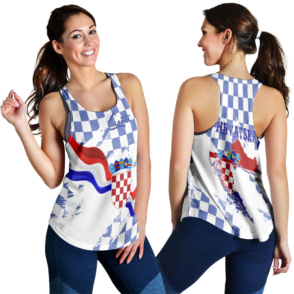 Croatia Women Racerback Tank Checkerboard Grunge Style - Blue Color - Wonder Print Shop