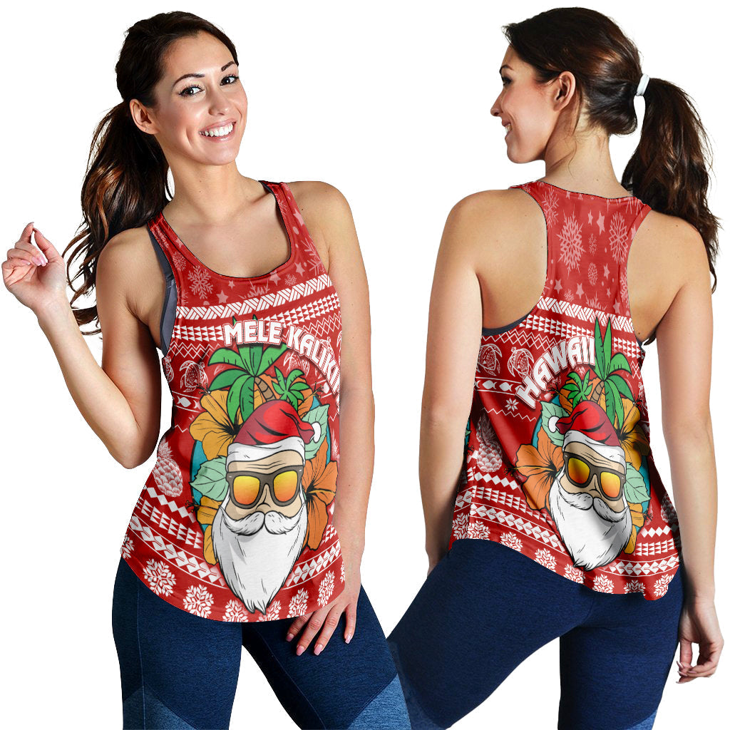 Red women’s racerback tank top, front and back views with Santa and tropical motifs