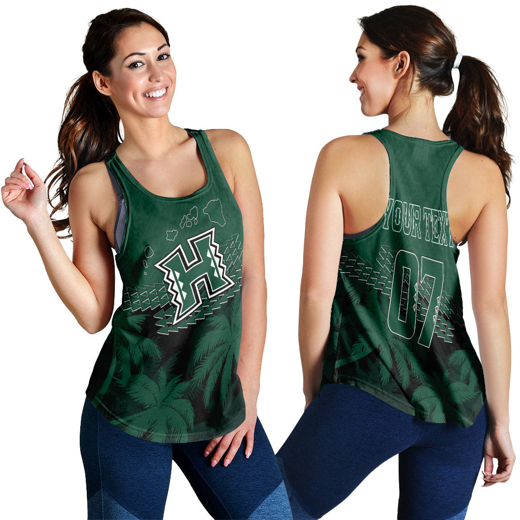 Women's dark green racerback tank, front and back views with palm and logo graphics