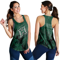 Women's dark green racerback tank, front and back views with palm and logo graphics