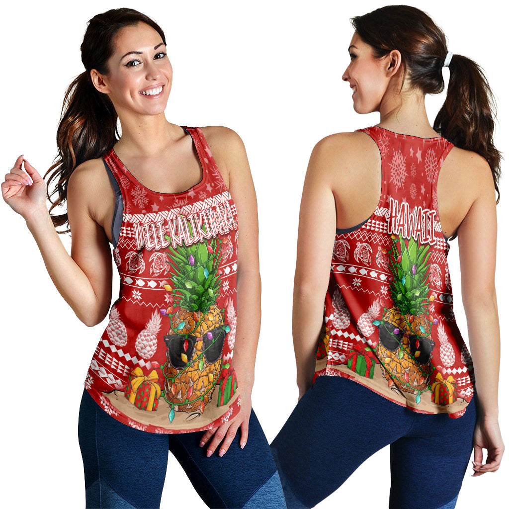 Red racerback tank top with tropical pineapple holiday print, front and back