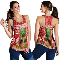 Red racerback tank top with tropical pineapple holiday print, front and back