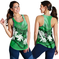 Green racerback tank top with tropical print; back shows YOUR TEAM