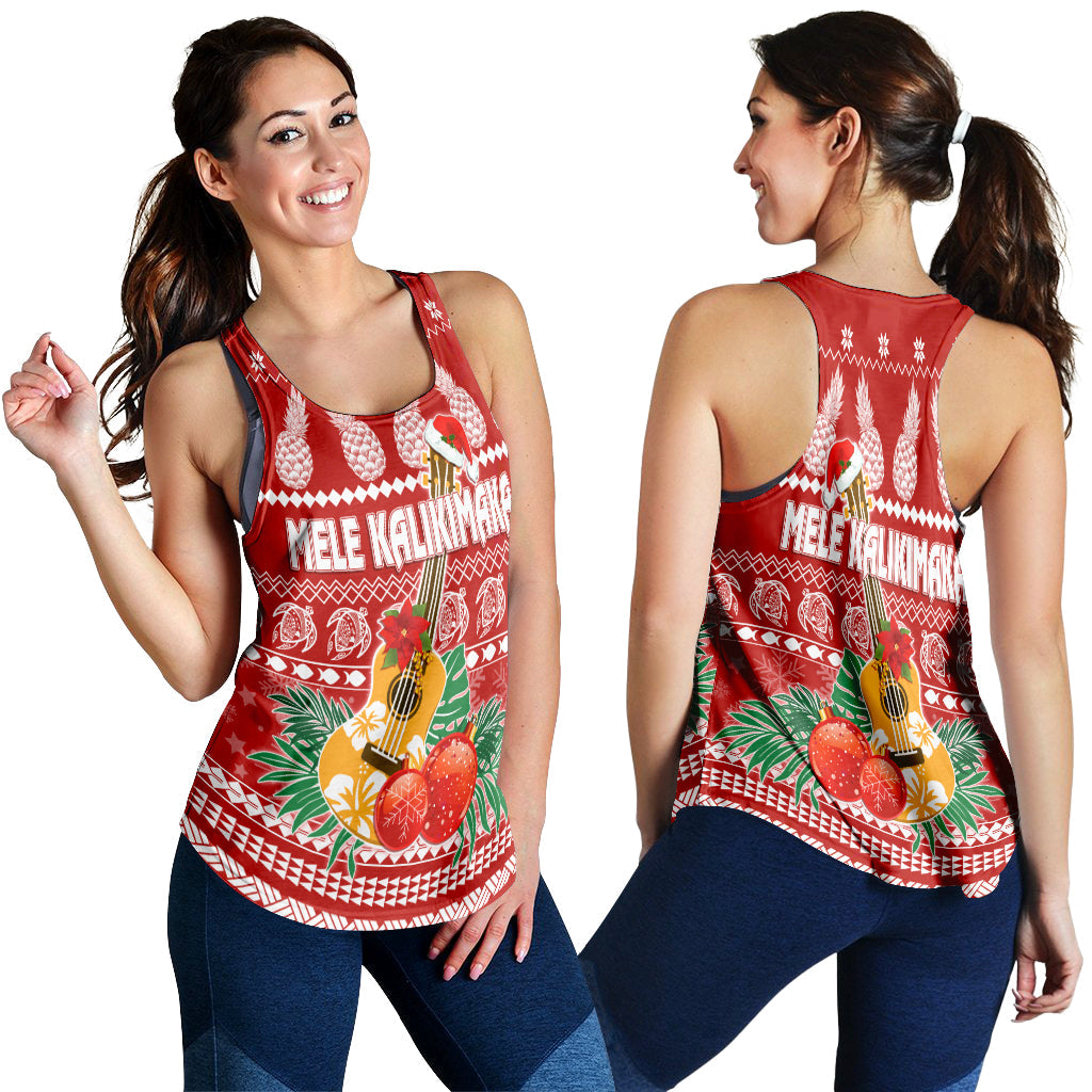 Red racerback tank top, back view, with white holiday print and MELE KALIKIMAKA