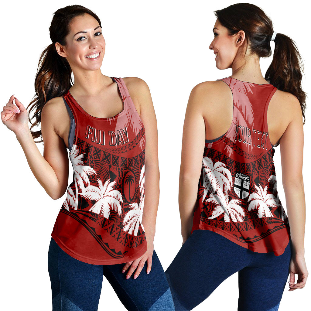 Red racerback tank top with 'Fiji Day' front print and 'Your text' back print