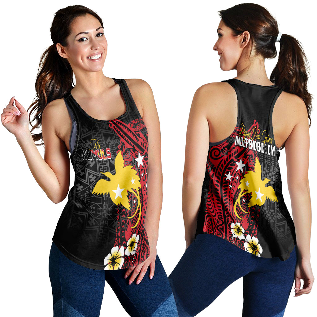 Women's black racerback tank with red and yellow tribal graphic, worn front and back