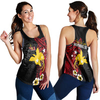 Women's black racerback tank with red and yellow tribal graphic, worn front and back