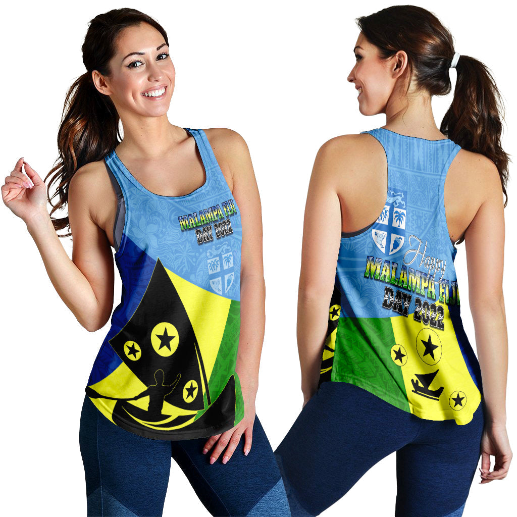 Racerback women’s tank with blue base and multicolor geometric print, back view