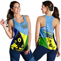 Racerback women’s tank with blue base and multicolor geometric print, back view