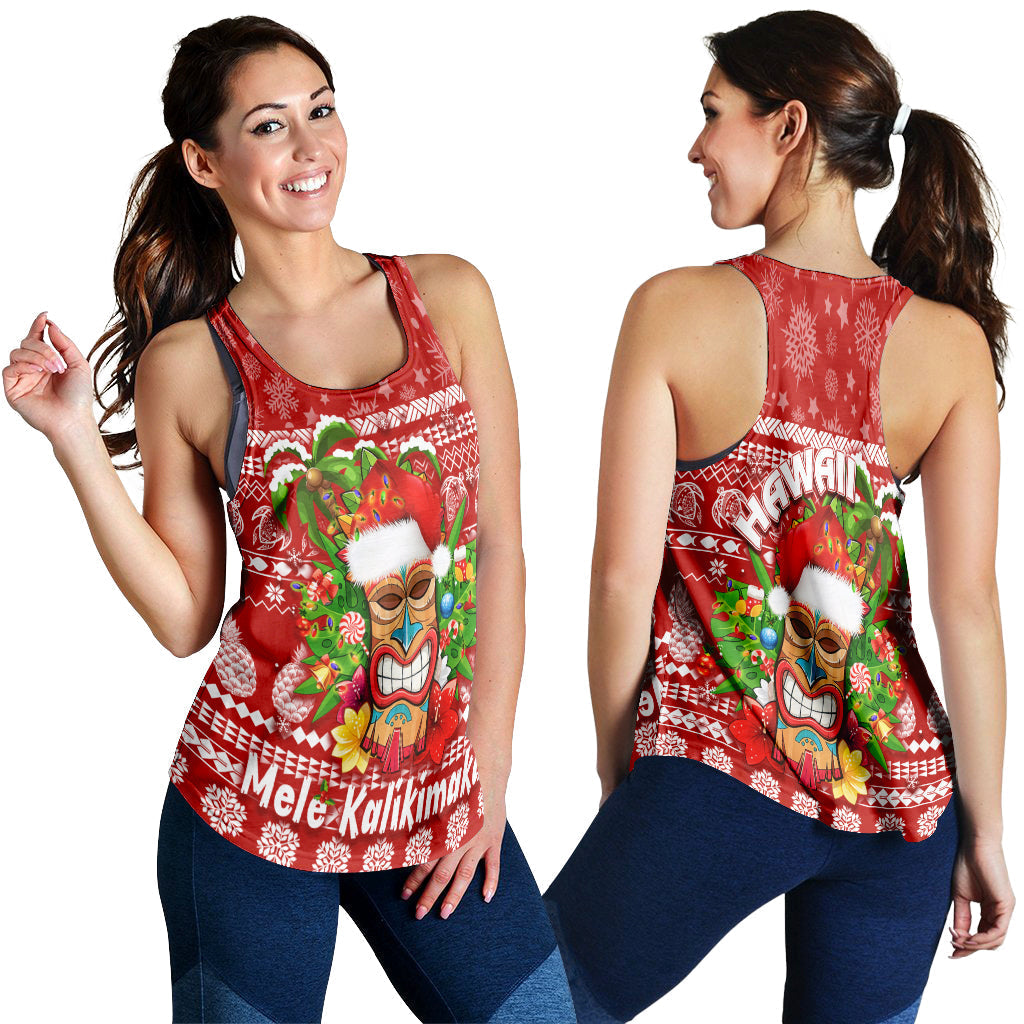 Red women's racerback tank top on model, featuring tiki graphic and snowflake print