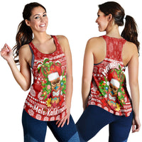 Red women's racerback tank top on model, featuring tiki graphic and snowflake print