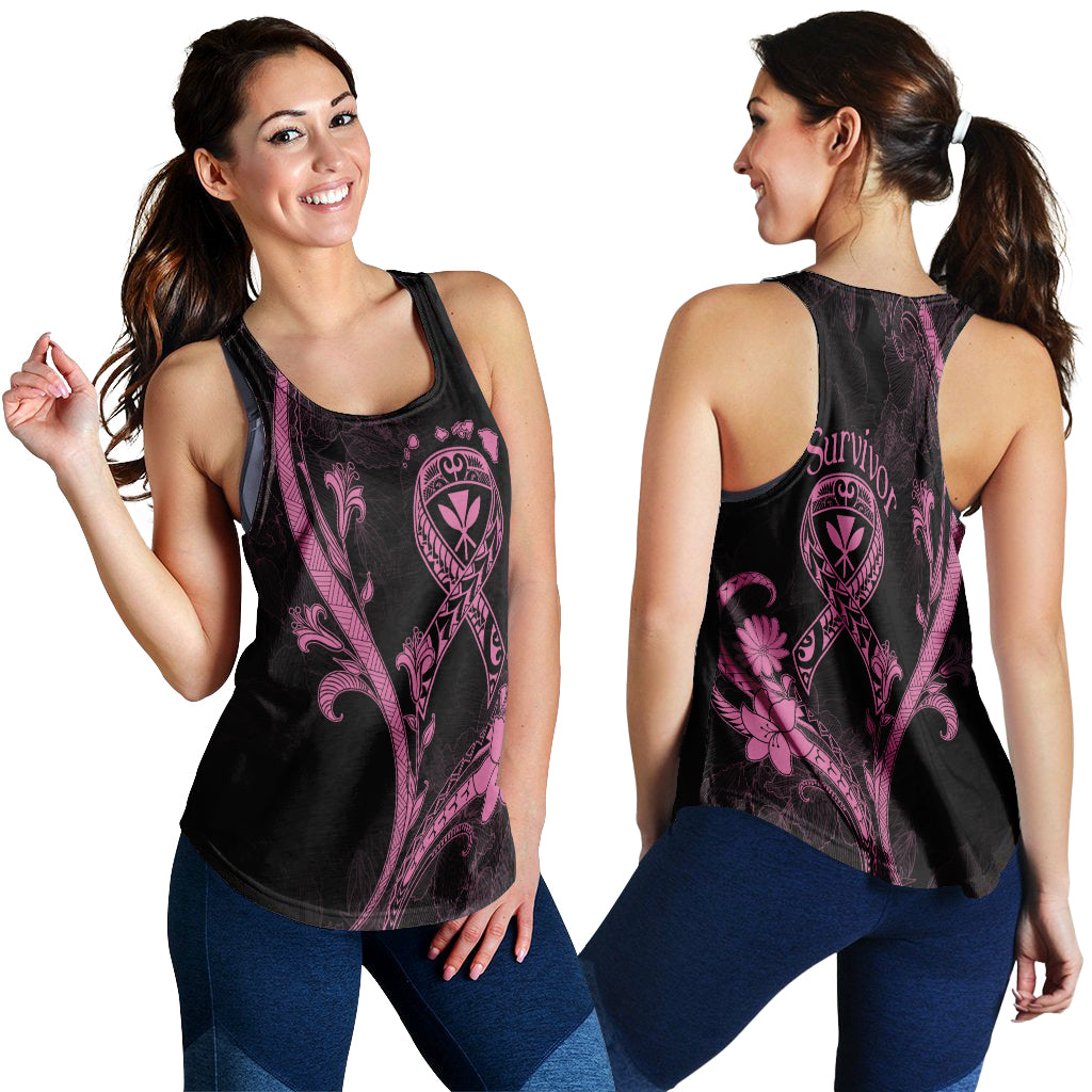 Black women’s racerback tank with pink floral heart graphic, back view, racerback straps